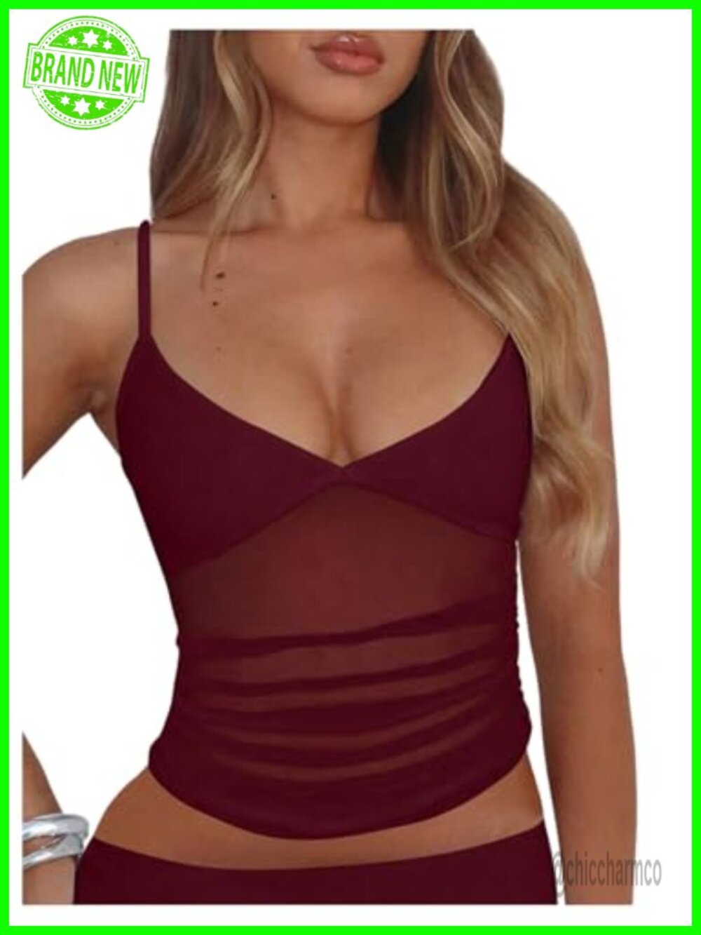 Women's Sheer Mesh Cami V Neck Spaghetti Strap Ruched Crop Top